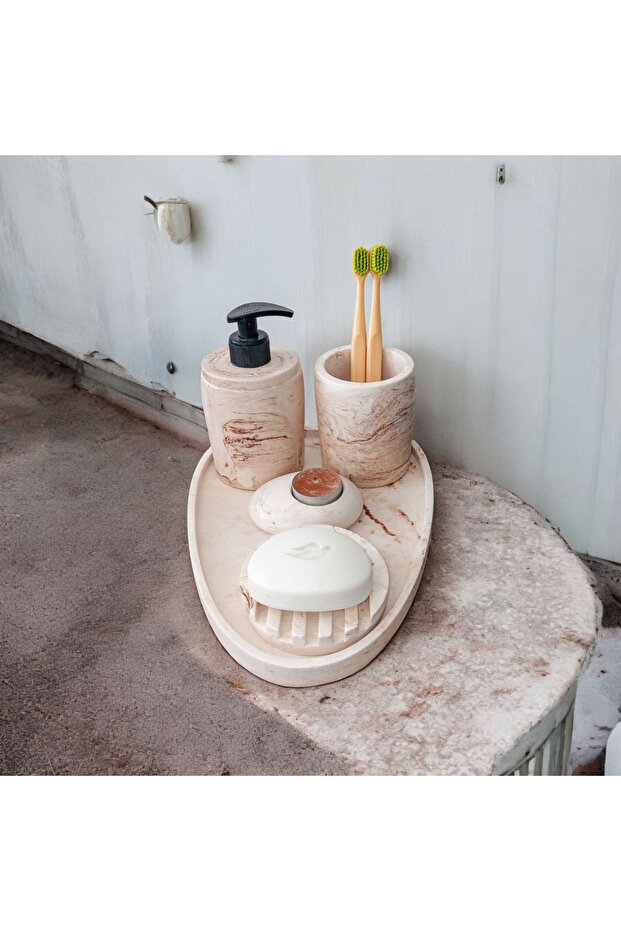 5 Piece Marble Patterned Concrete Bathroom Set, Liquid Soap Dispenser Toothbrush Holder Accessory