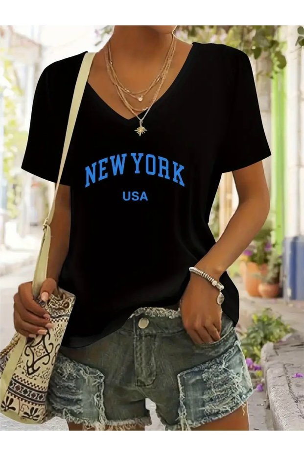New York Printed Women's Oversize V-Neck T-Shirt