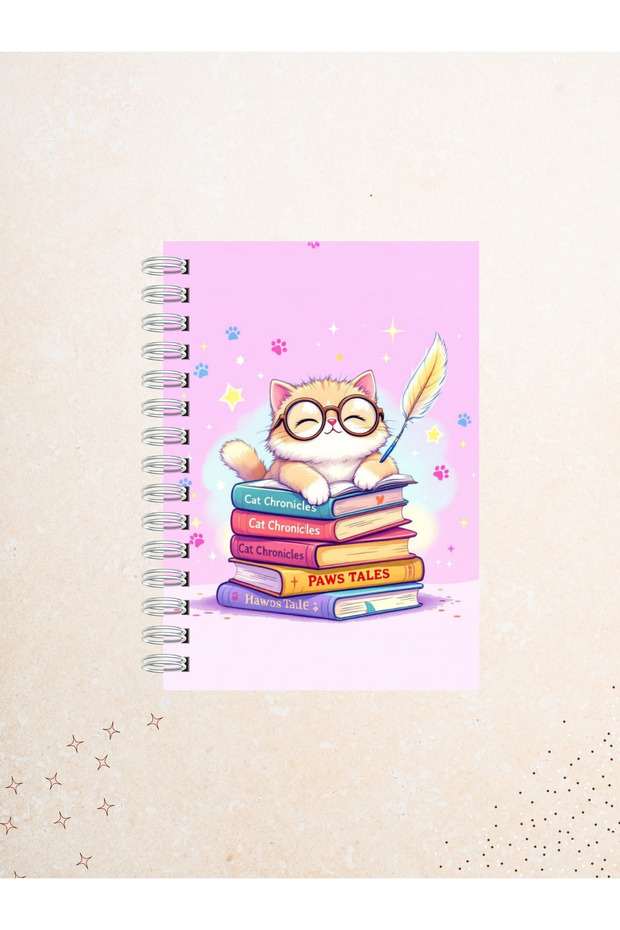 Cute Cat and Book Pattern Notebook – 60 Sheets / 120 Pages – Unlined Wire Spiral - 1