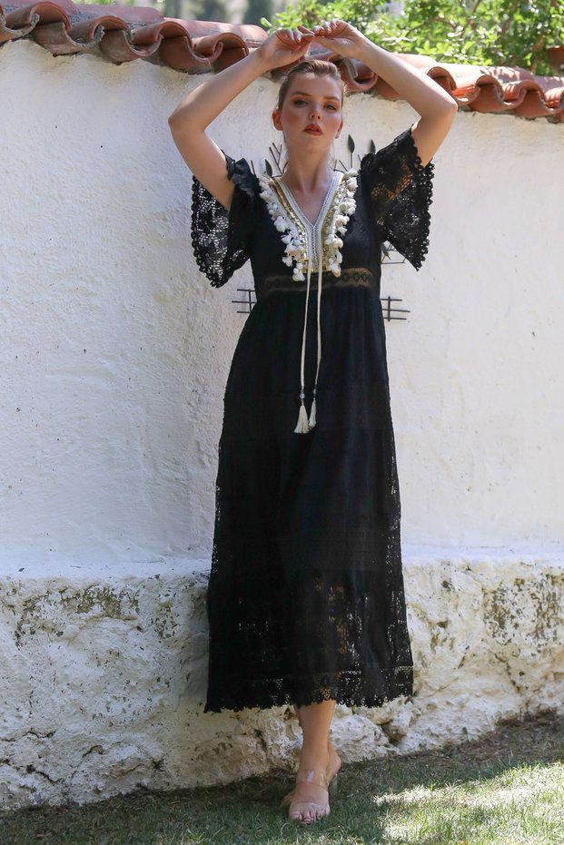 Italian Black V-Neck Lace Sleeve Lined Lace Tassel Detail Casual Woven Dress 136 55