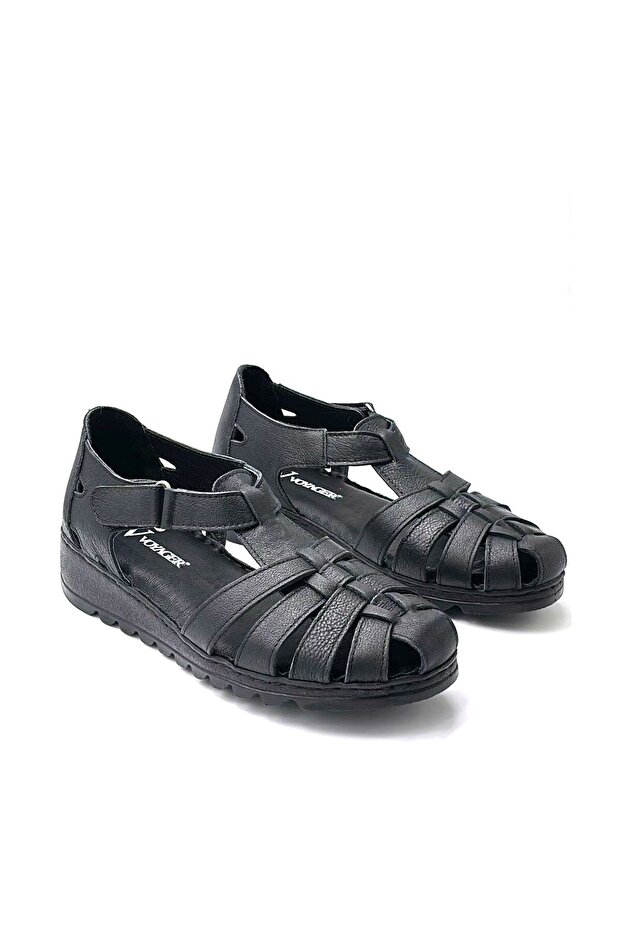 Inside and Outside Genuine Leather Daily Women's Sandals Shoes Black