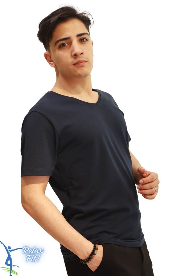 Relaxed Fit V-Neck Cotton Combed T-Shirt Navy Blue