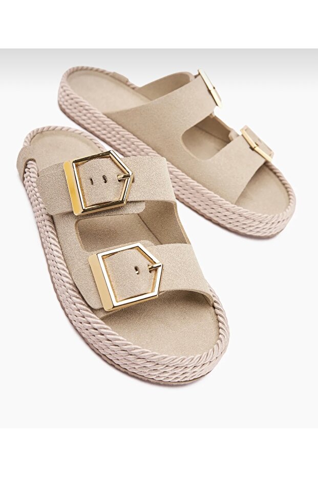 Çift Tokalı Örgü Taban Terlik - 2