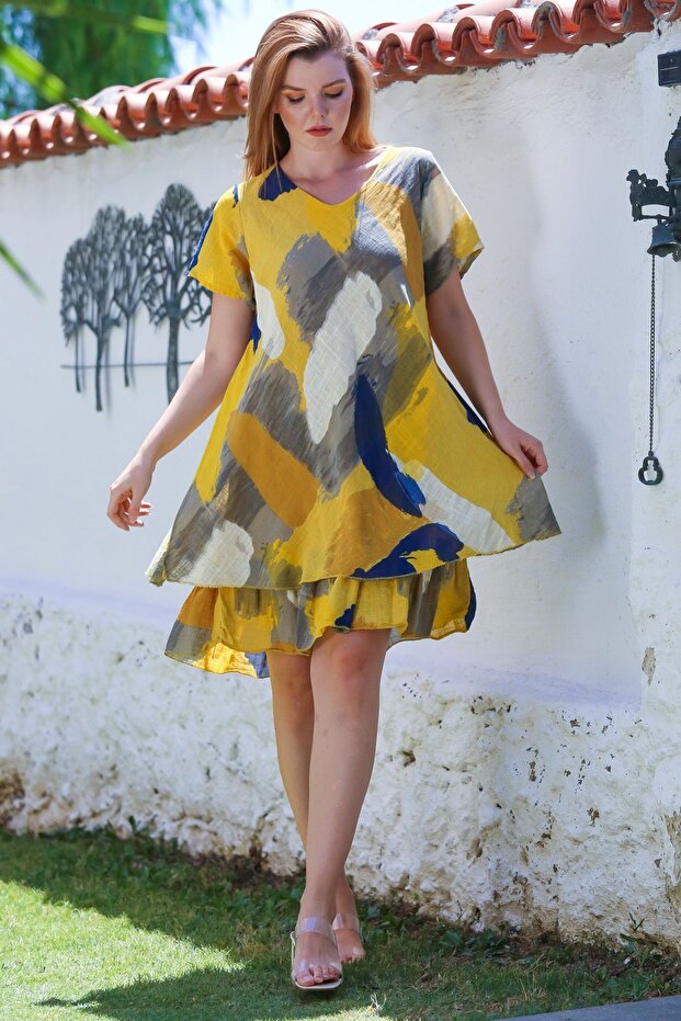 Italian Yellow V-Neck Short Sleeve Patterned Lined Casual Linen Look Woven Dress 96 64
