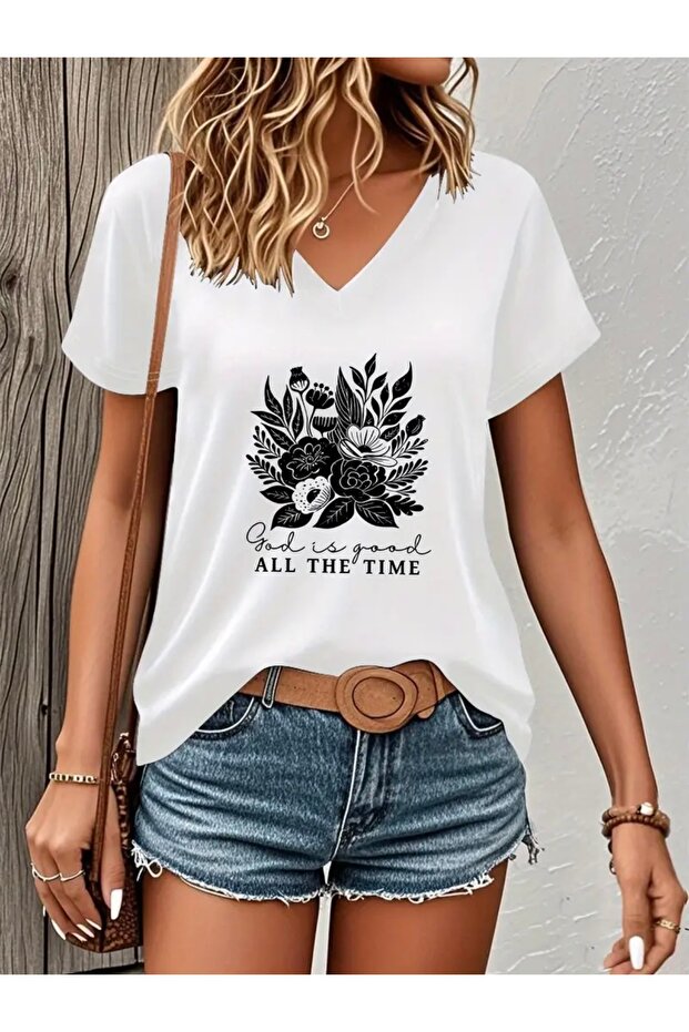 God Is Good Printed Women's Oversize V-Neck T-Shirt
