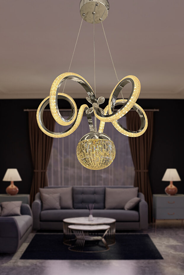 Kıvrım Tekli Kristal Top Simli Slikonlu Modern Oturma Led Avizesi Kumandasız Krom - 1