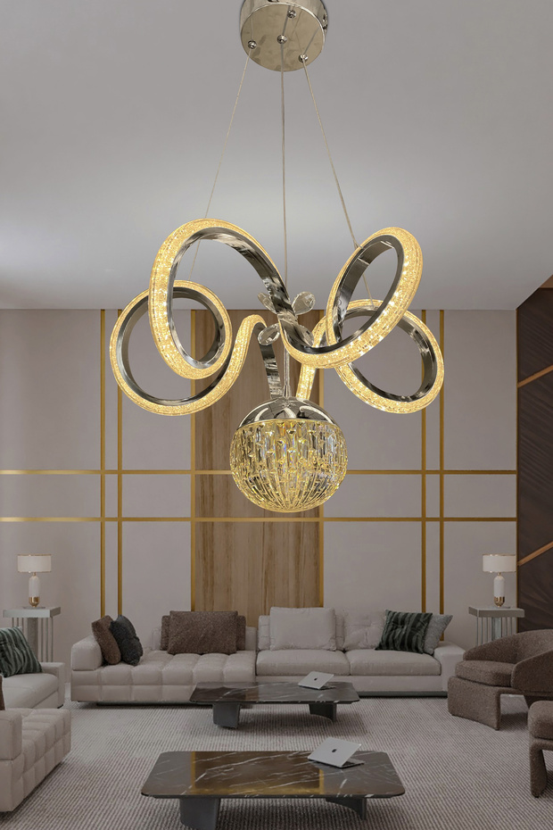 Kıvrım Tekli Kristal Top Simli Slikonlu Modern Oturma Led Avizesi Kumandasız Krom - 4