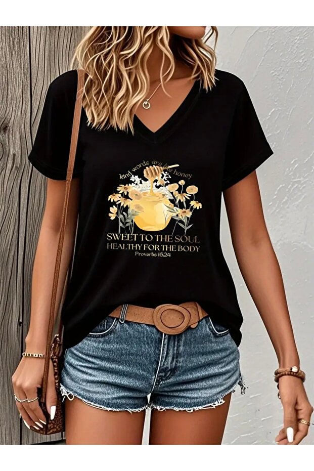 Sweet Honey Printed Women's Oversize V-Neck T-Shirt