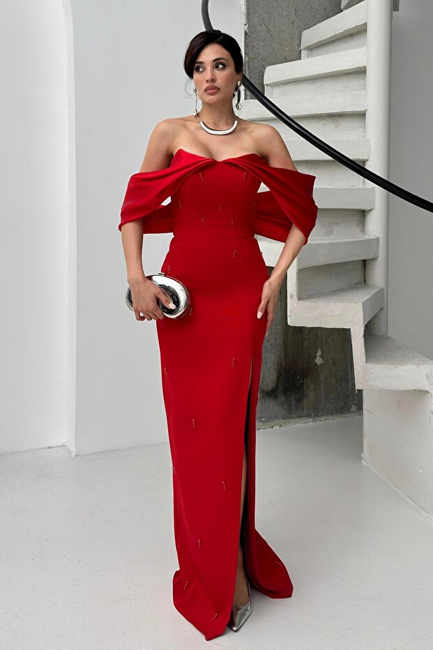 Red Boat Neck Pearl Detail Evening Dress