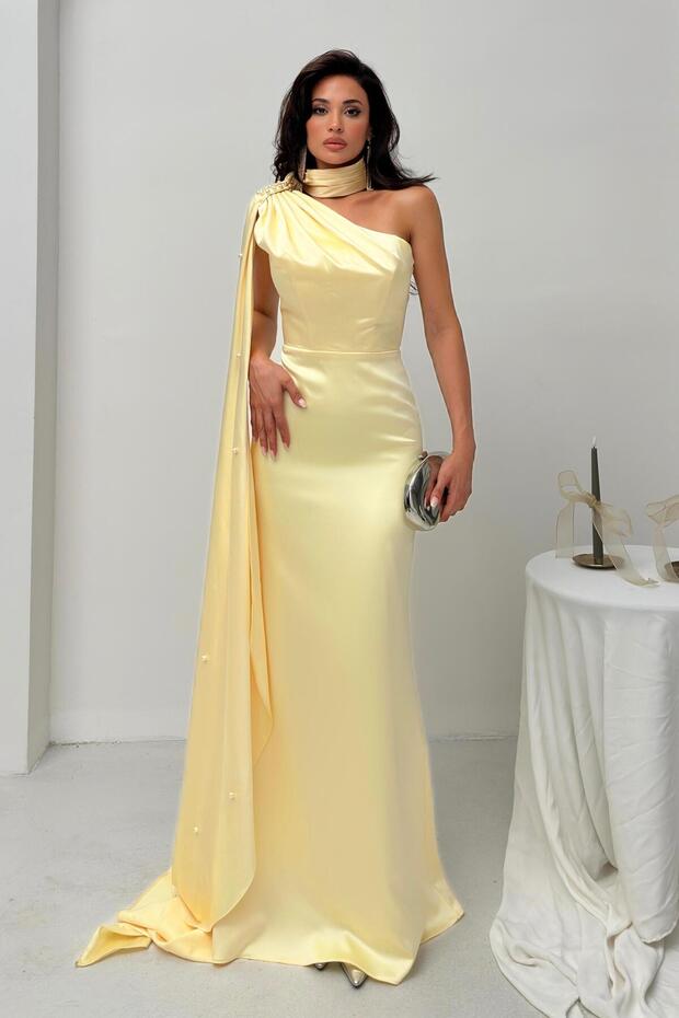 Yellow One Shoulder Shawl Detailed Asymmetrical Satin Evening Dress