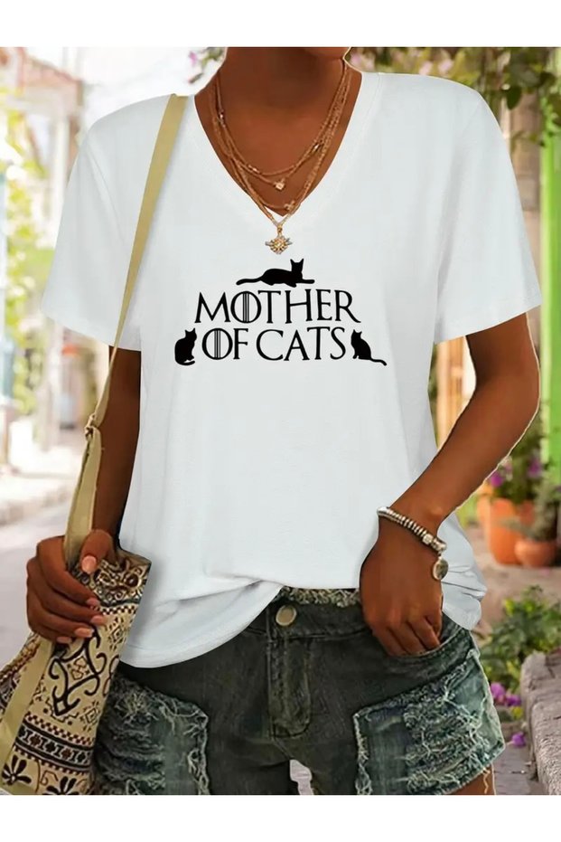 Mother of Cats Printed Women's Oversize V-Neck T-Shirt