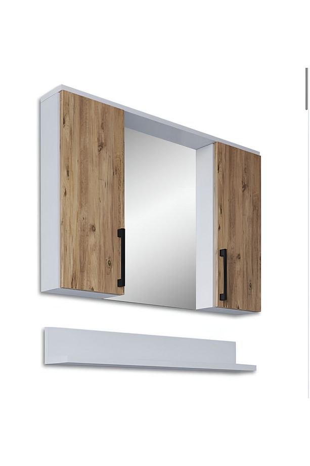 Lavabo Dolabı Üst Modül Siyah Kulp Detaylı Camlı Model Altı Raflı Model (KAHVE - BEYAZ) - 1