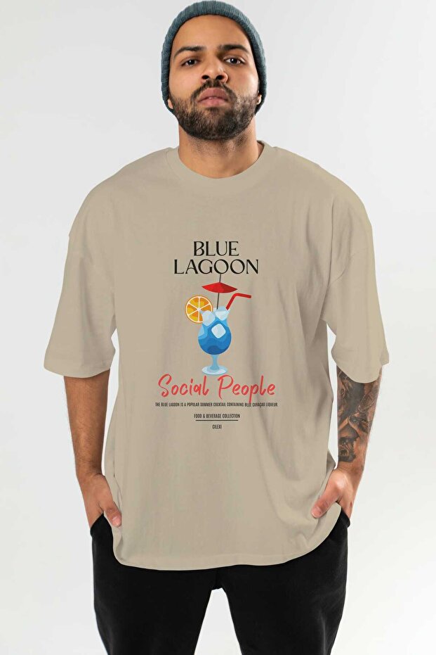 Blue Lagoon Cocktail Front Printed Beige Oversize T-Shirt Men's Women's 100% Cotton Crew Neck T-Shirt