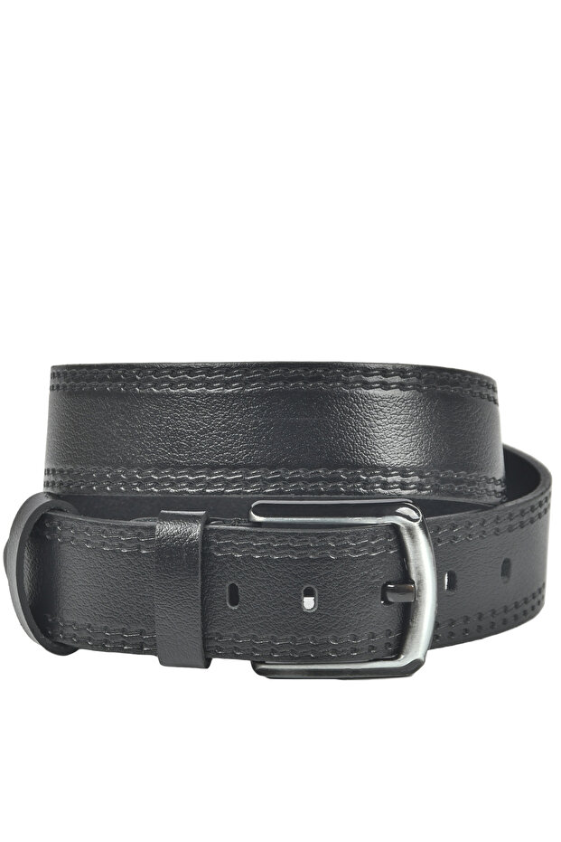 Men's Black Leather Sports Belt with Double Stitching Detail on the Sides 2402604