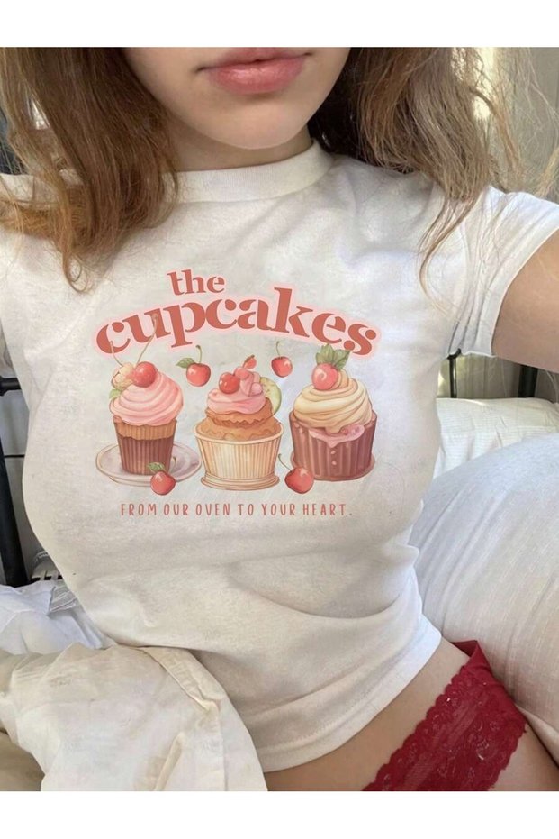 Women's White the Cup Cake Printed Baby Tee Crop T-Shirt