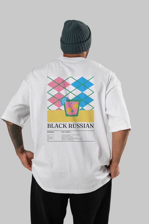 Black Russian Cocktail Back Printed White Oversize T-Shirt Men Women Cotton Crew Neck T-Shirt