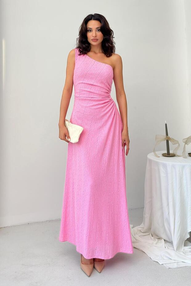 Pink One Shoulder Lace Textured Window Detail Dress