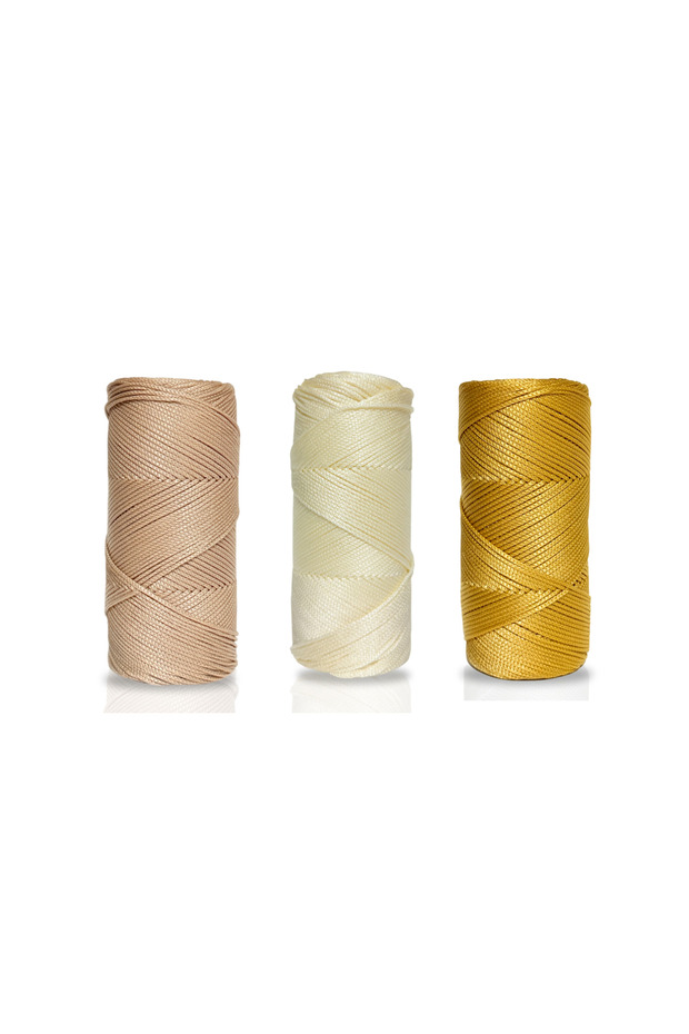 3’lü Polyester Makrome İpi Seti 600 gr – Boho Nature Seti – Ekru, Sütlü Kahve, Hardal – 2 mm No:4 - 1