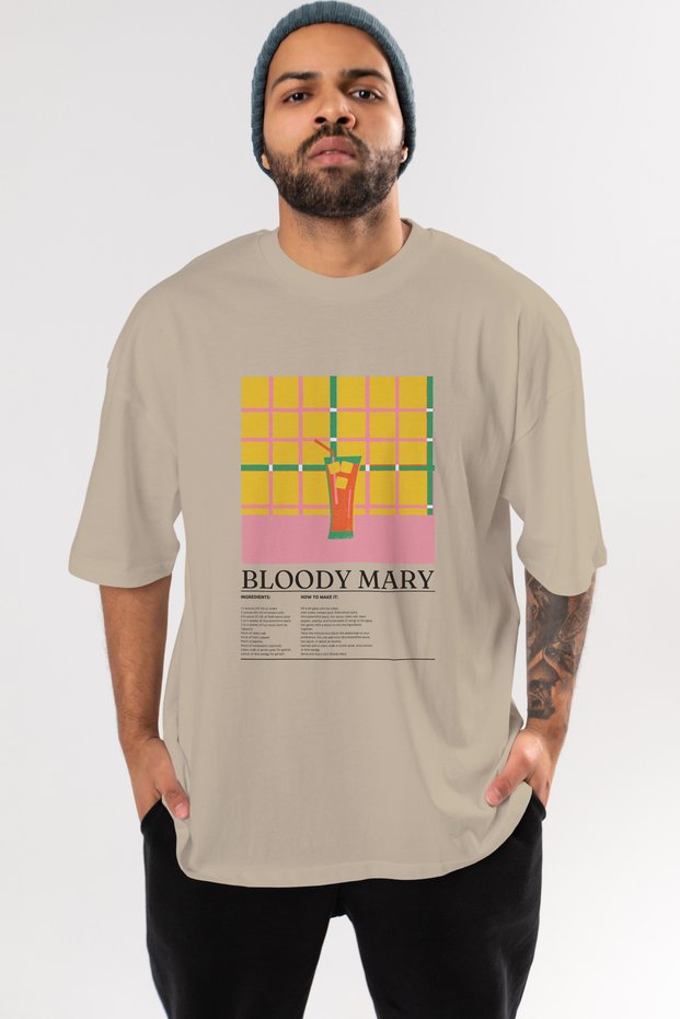 Bloody Mary Cocktail Front Printed Beige Oversize T-Shirt Men Women Cotton Crew Neck Tshirt