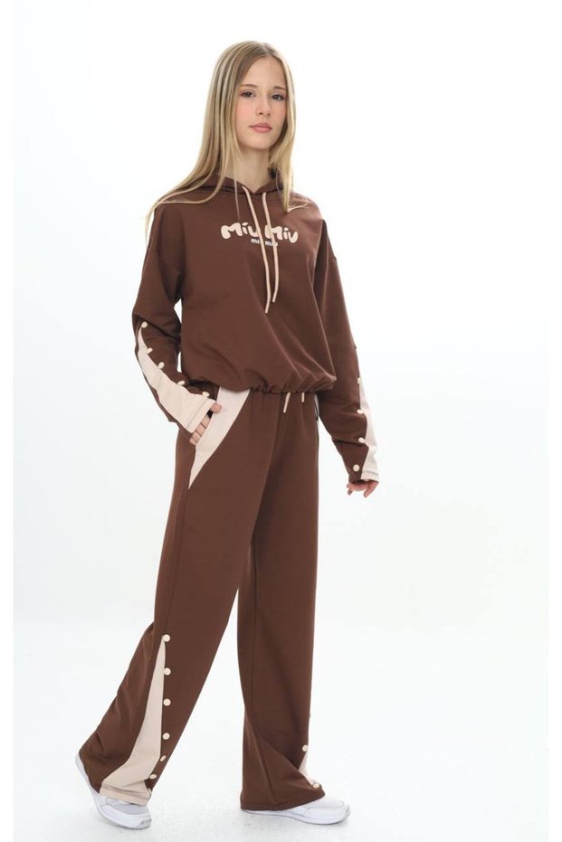 Girl's 100% Cotton Hooded Snap Detailed Bottom & Top Tracksuit Set-179