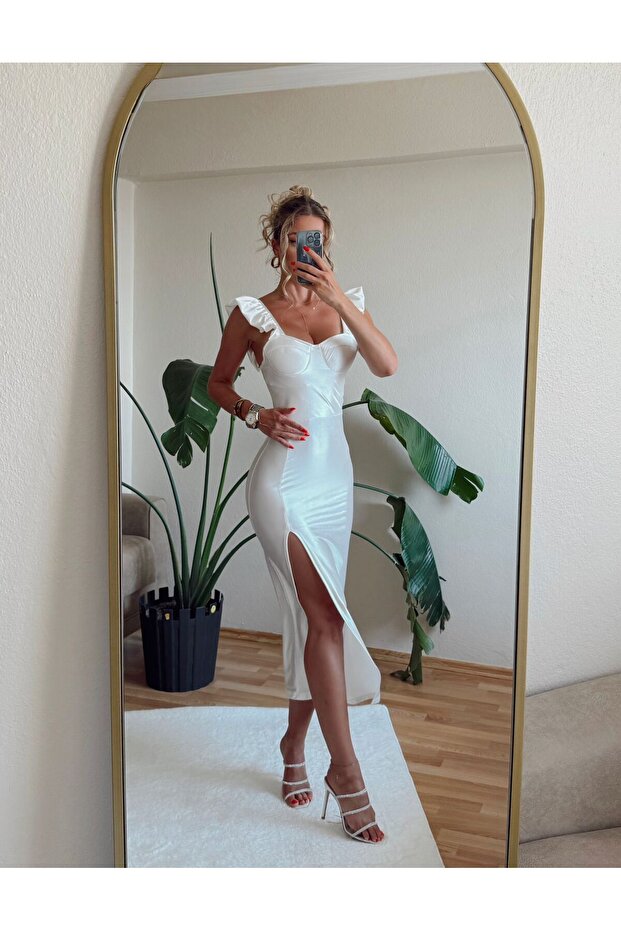 Satin Lycra Bat Shoulder Dress White