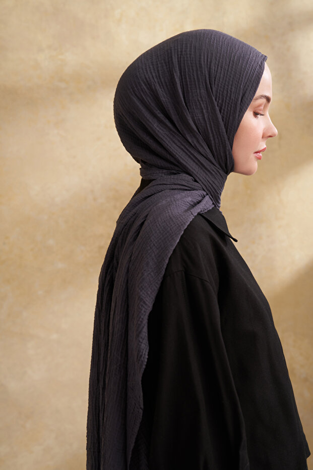 Muslin Leaf Pattern Shal - Gray Blue - 1