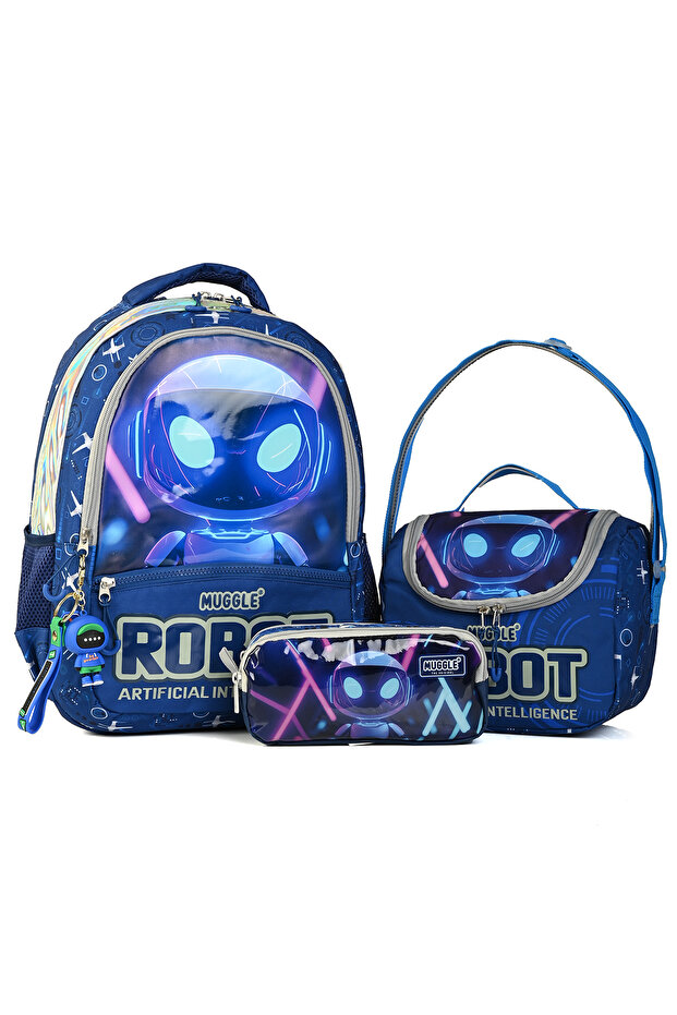 Mu5904 Robot Primary School Backpack Set of 3 [School Bag + Lunch Box + Pencil Case)