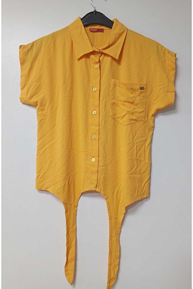 Shirt Collar Waist Tie Shirt with Chest Pocket