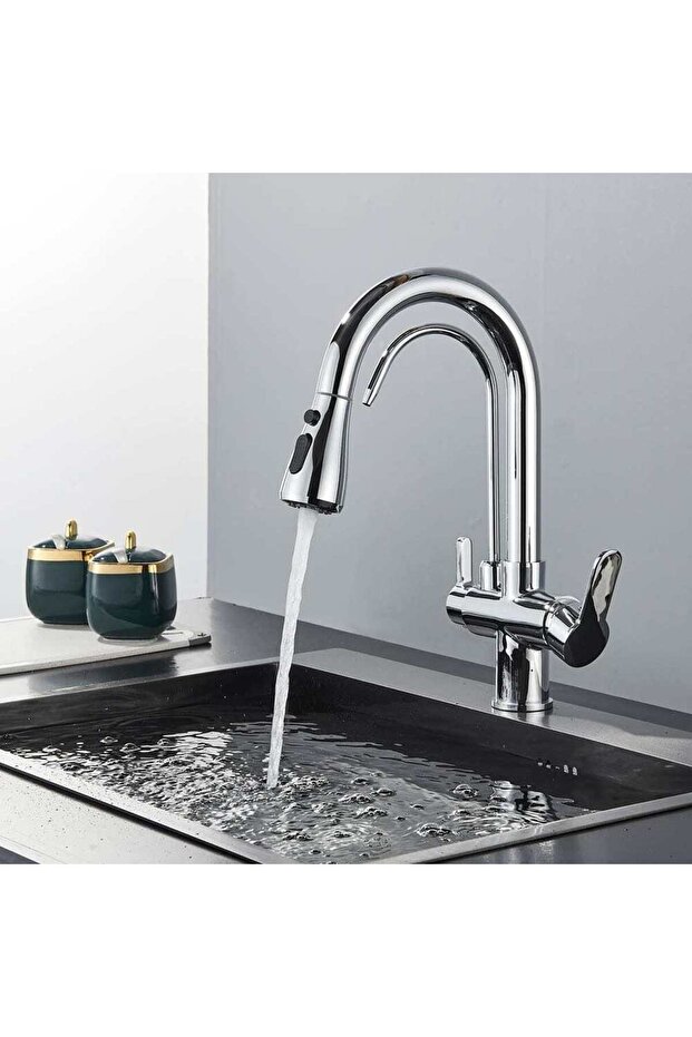 3-way kitchen faucet, shiny silver, with 2 flow functions and pull-out shower, code 1461 - 3