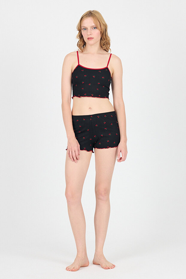 طقم شورت رياضي منقوش باللون الأسود الكرزي 3403 - 3