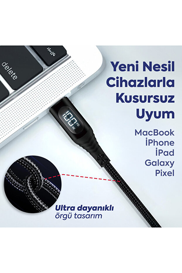 100W Type-C LED Ekranlı, Hızlı Şarj ve Data Kablosu | E-Mark, Örgülü, 1.2m, Tüm Cihazlarla Uyumlu - 5