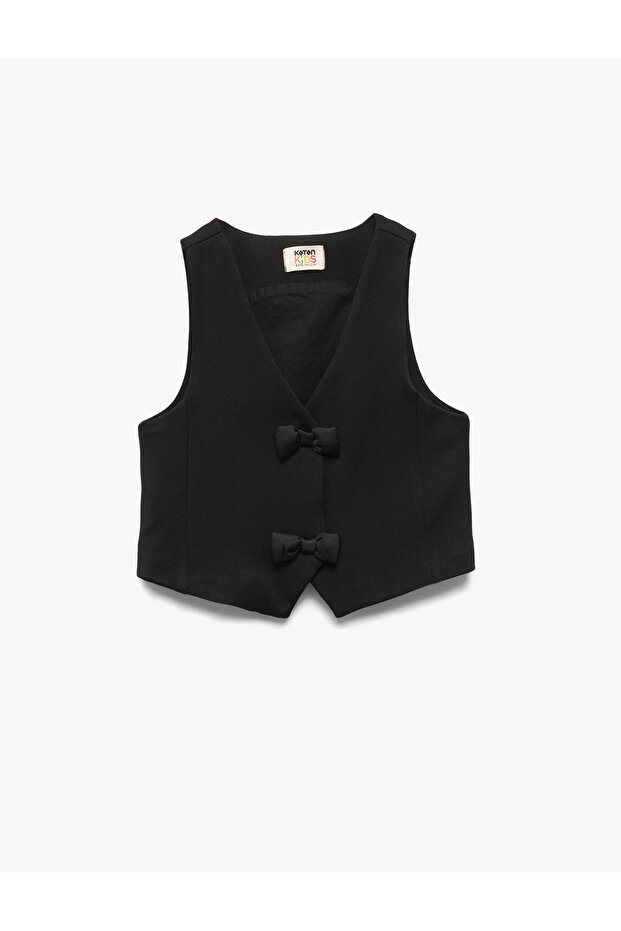 V-Neck Sleeveless Viscose Blended Bow Detailed Vest