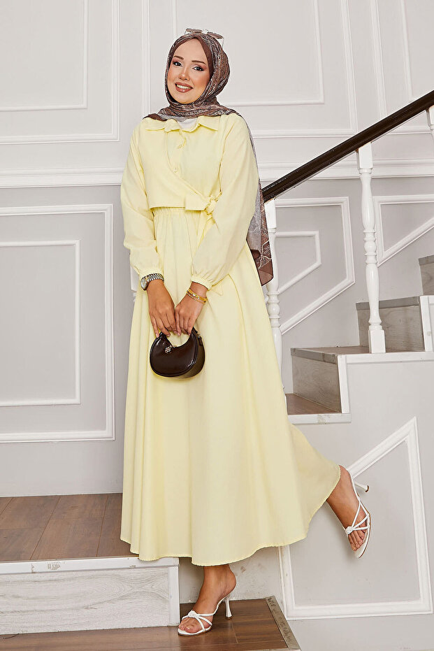 Side Tie Half Button Detailed Dress Yellow