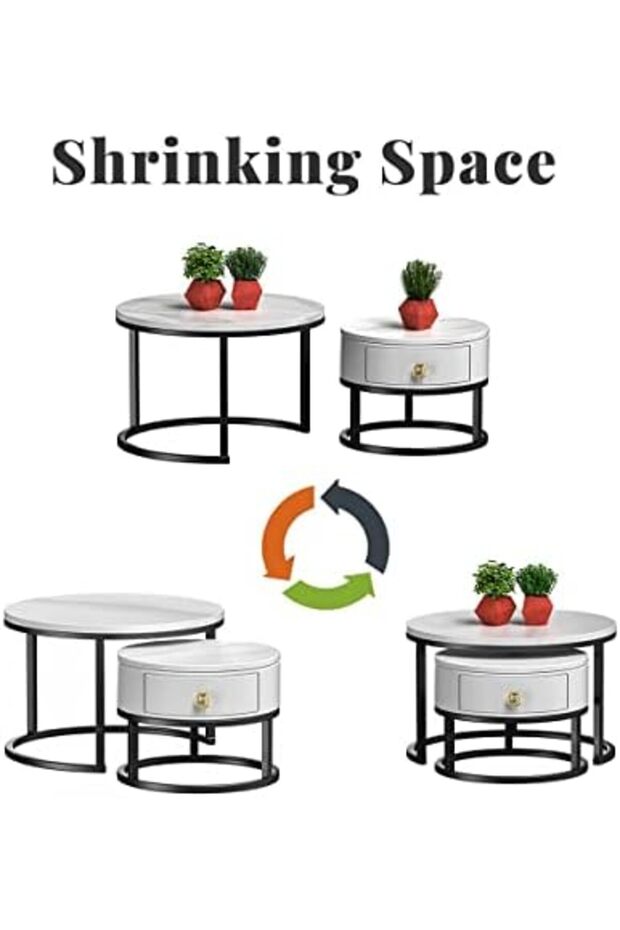 Coffee Table Nesting Table Round Coffee Table with Storage Suitable Black Frame Round Marble Pattern - 7