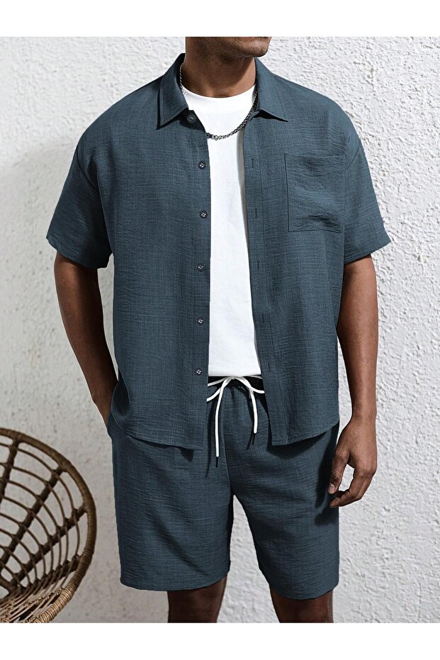 Cotton Textured Sofia Imported Pocketed Shorts Shirt Set