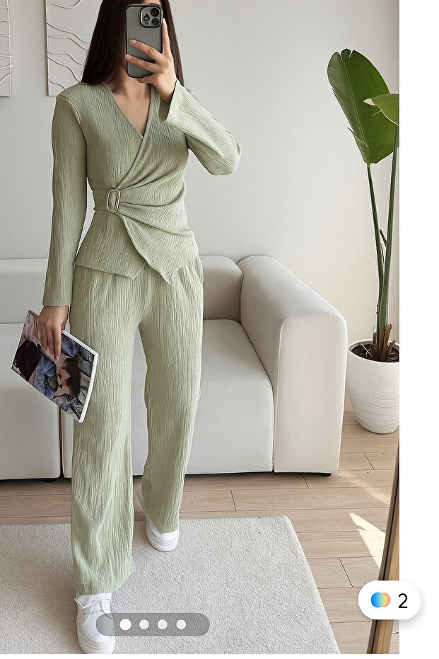 Buckle Long Sleeve Blouse Pants Set
