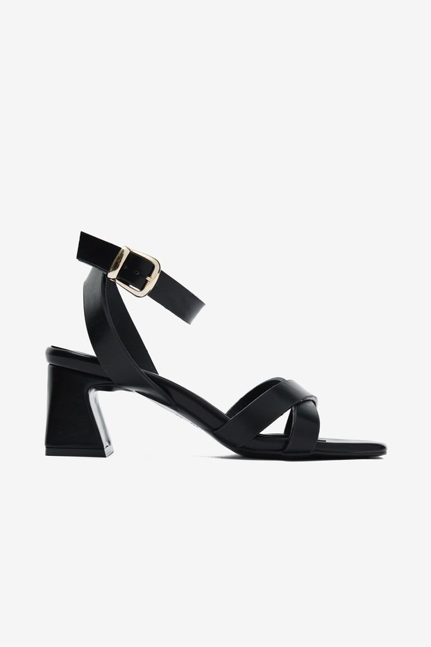 Miraluna Black Leather Ankle Buckle Detail Women's Block Heel Piece Shoes