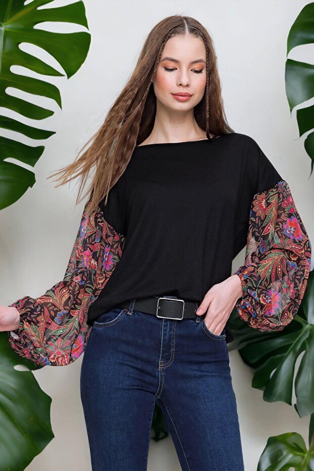 Women's Black Cashmere Patterned Chiffon Sleeve Blouse Long Chiffon Transparent Sleeve Blouse Regular Cut