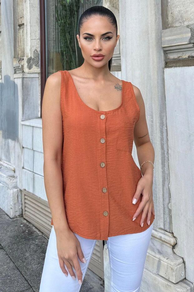 Women's Tile Round Neck and Button Detail, Thick Strap Linen Tank Top Blouse