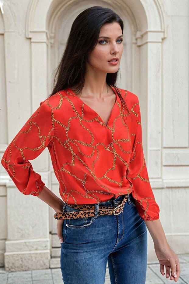 Red V-Neck, Chain Print, Long Sleeve, Classic Fit Blouse