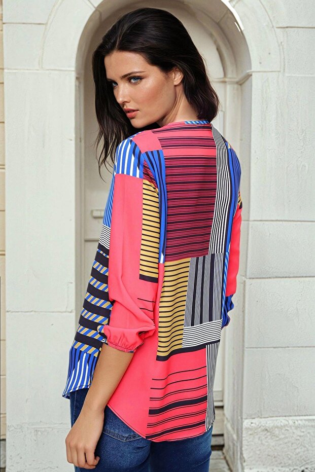 Mix Stripe, Color Block Pattern, Stylish Blouse - 2