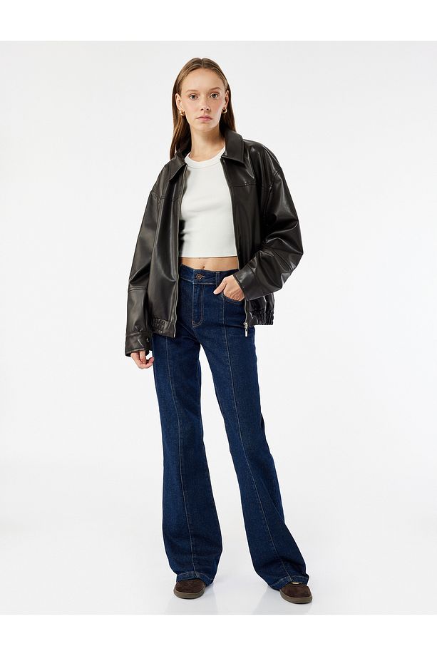 Pamuklu Yüksek Bel Dar Kalıp İspanyol Paça Jean Pantolon - Flare Jeans - 2