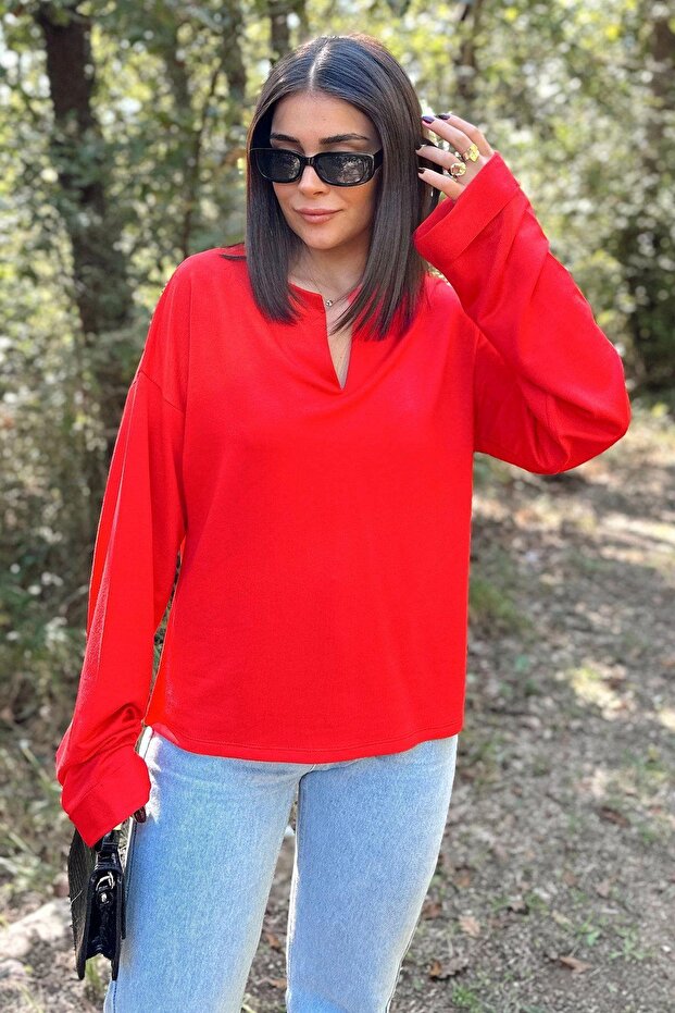 Women's Red Long Sleeve, Double Cuff, Split Collar, Loose Sweatshirt Blouse