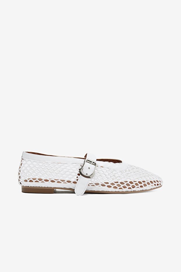 White Patent Leather Mesh Detailed Strappy Women's Ballerinas