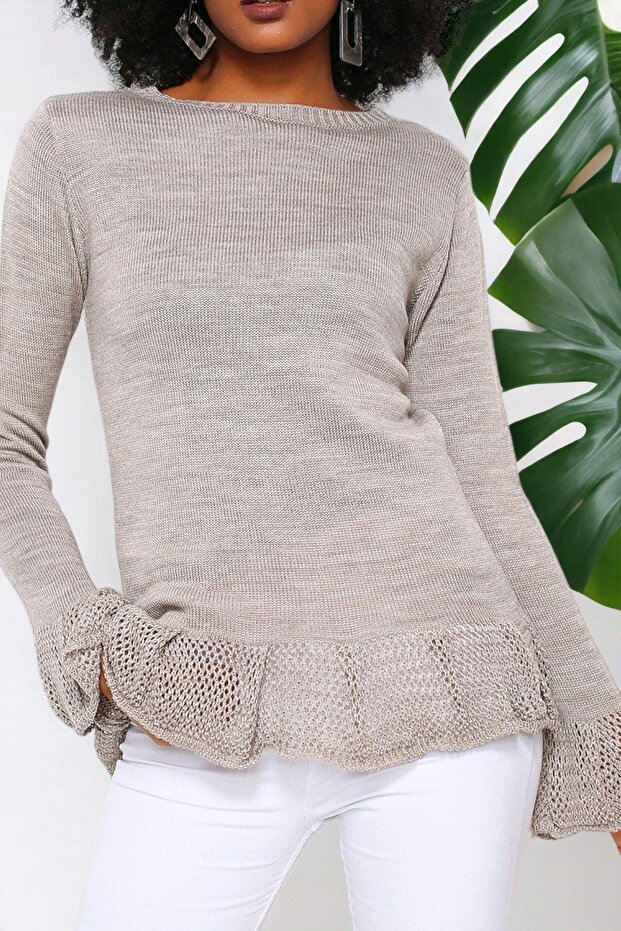 Vison Round Neck, Knit Blouse with Ruffle Sleeve and Hem Detail