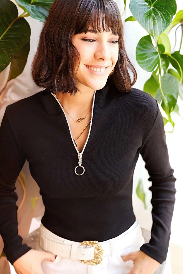 Women's Black Zipper Detail, Stand Collar, Long Sleeve, Basic, Regular Fit, Standard Length Blouse