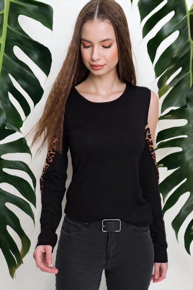 Women's Black Round Neck Long Sleeve Leopard Print Shoulder Low-cut Regular-cut Standard Length Blouse