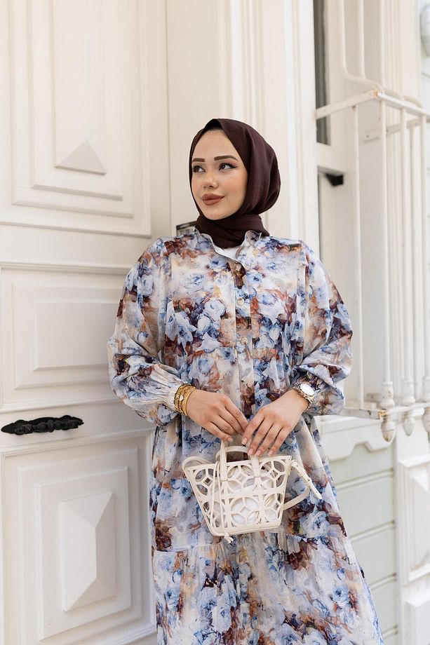 Kadın Çiçek Desenli Modal Düğmeli Beyaz Elbise - 5
