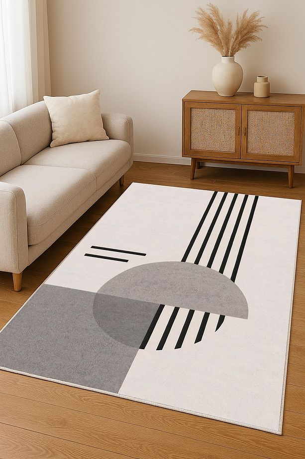 Salon Halısı Geometrik İskandinav Eskitmeli Dijital Baskı Yıkanabilir Kaymaz Taban 9077 - 2