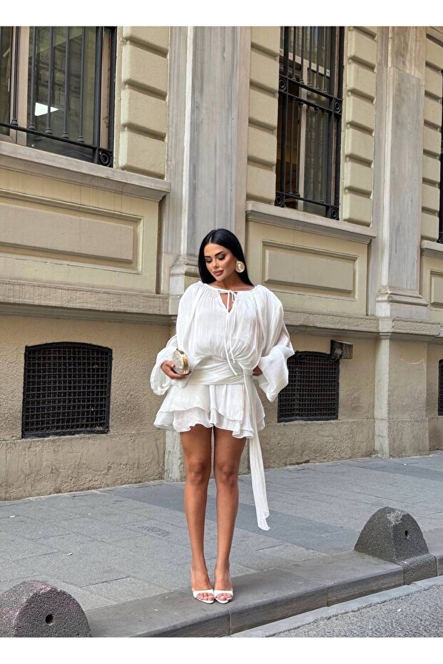 Women's Belted Ruffled Mini Satin Loose-Fit Chic Dress
